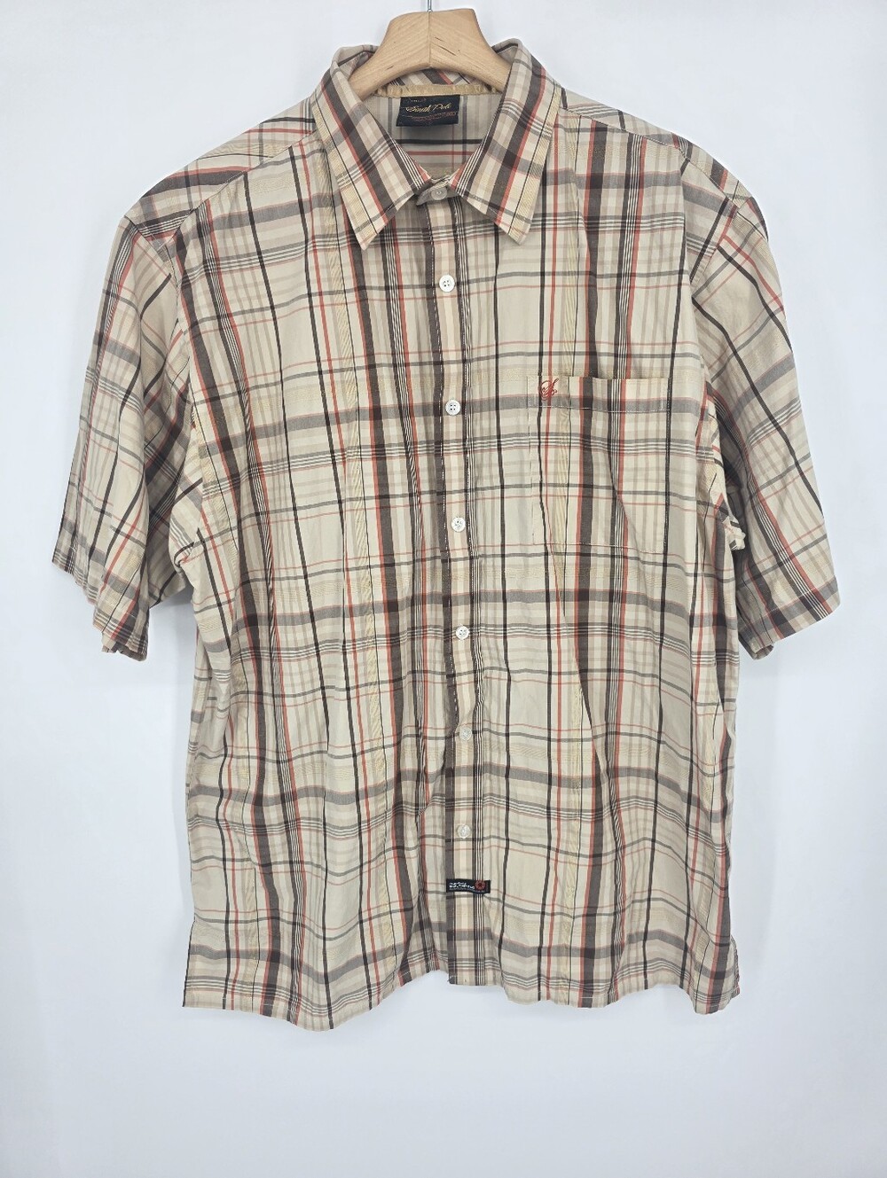 Vintage Southpole Plaid Button Down Shirt Men’s Size XL Short Sleeve Beige